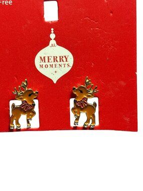Merry Moments Enamel Reindeer Stud Earrings Goldtone Clear Rhinestones New